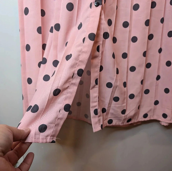 Polka Dot Dress Ascot Neck Tie Bow Pink Black Full Button Down Midi Length Small - Picture 10 of 13